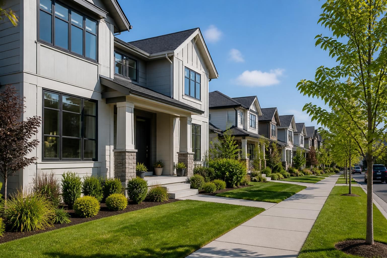 Residential district with modern homes and clean sidewalks