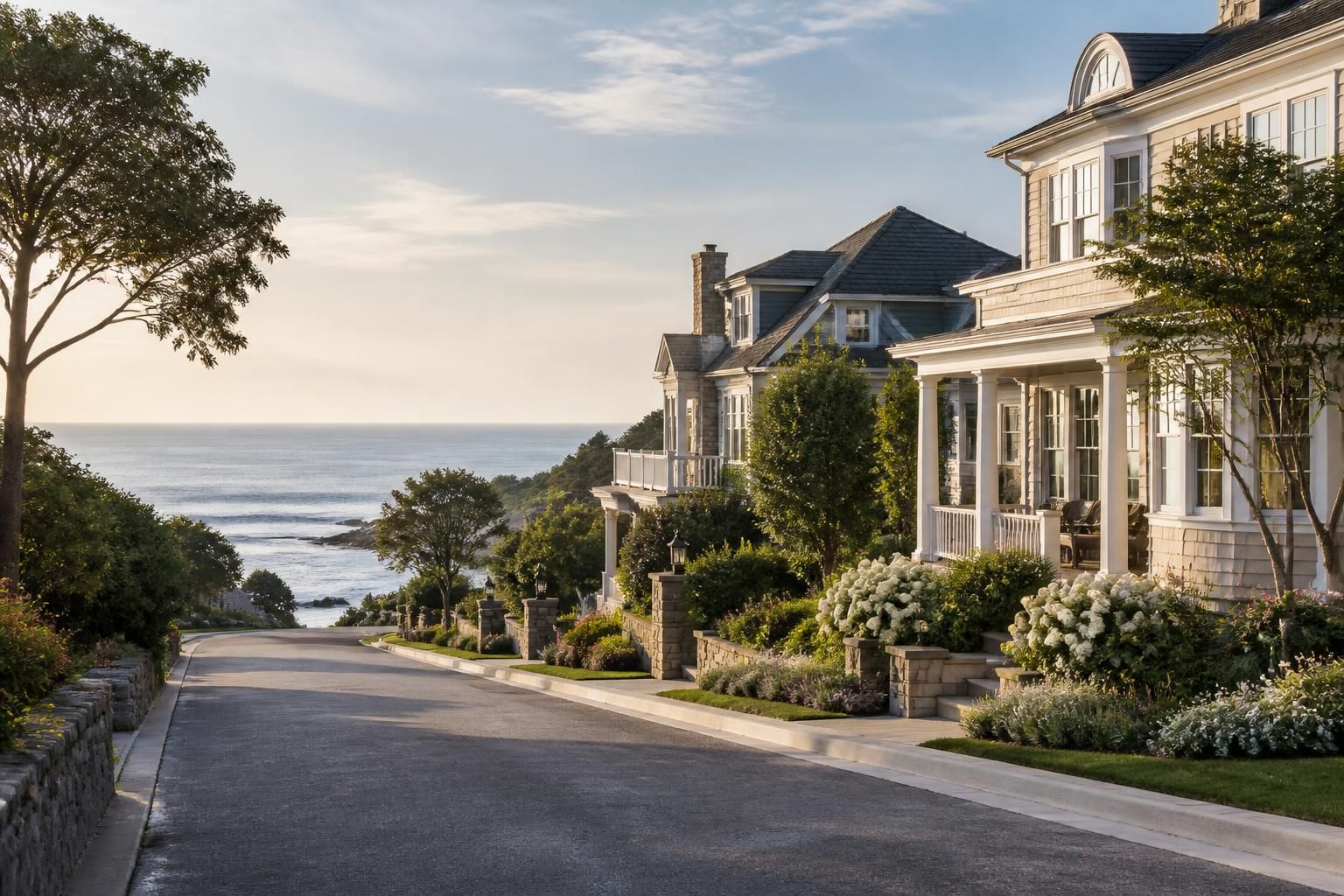 Upscale coastal street with elegant homes and manicured landscaping