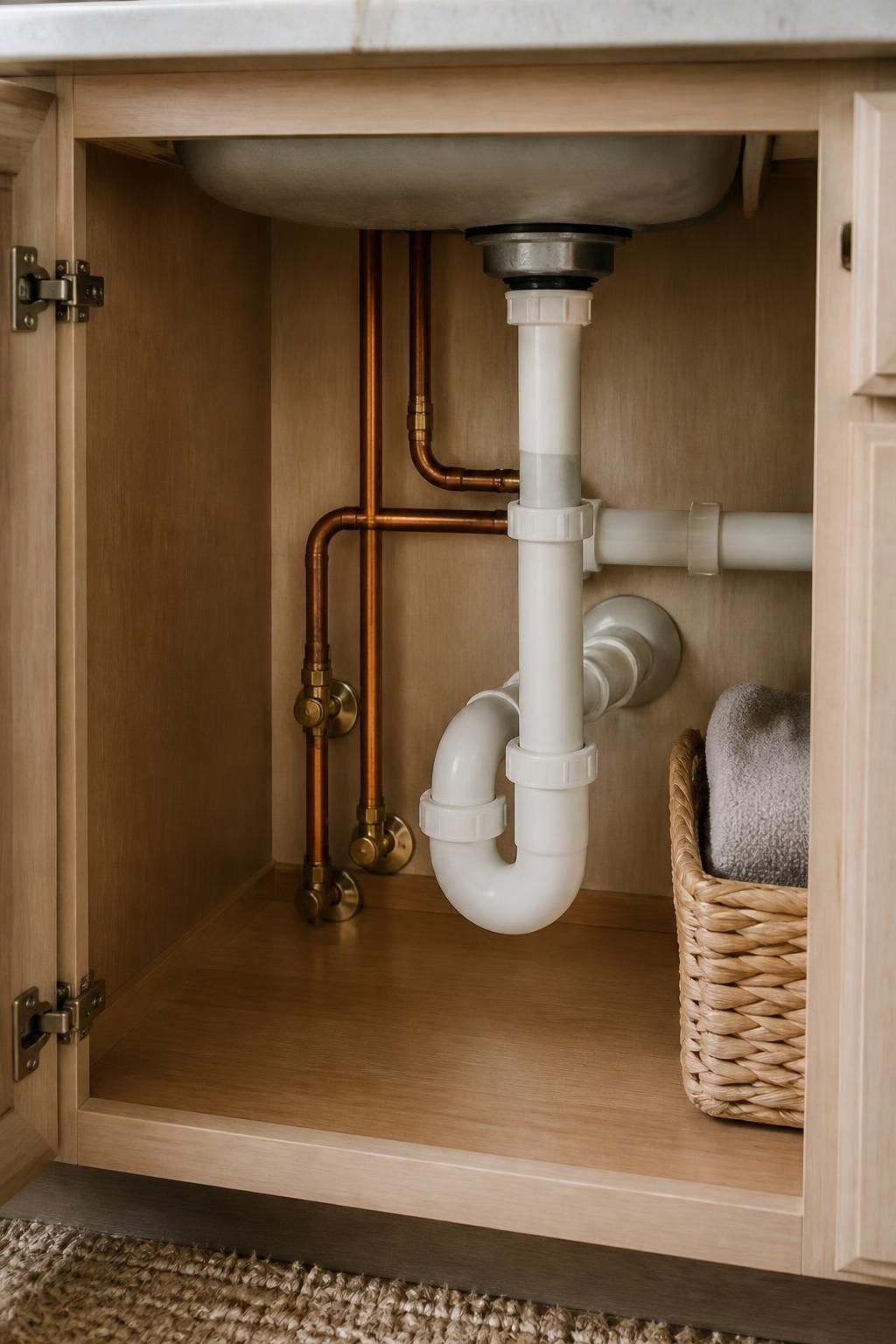 Finished under-sink plumbing installation with clean fittings