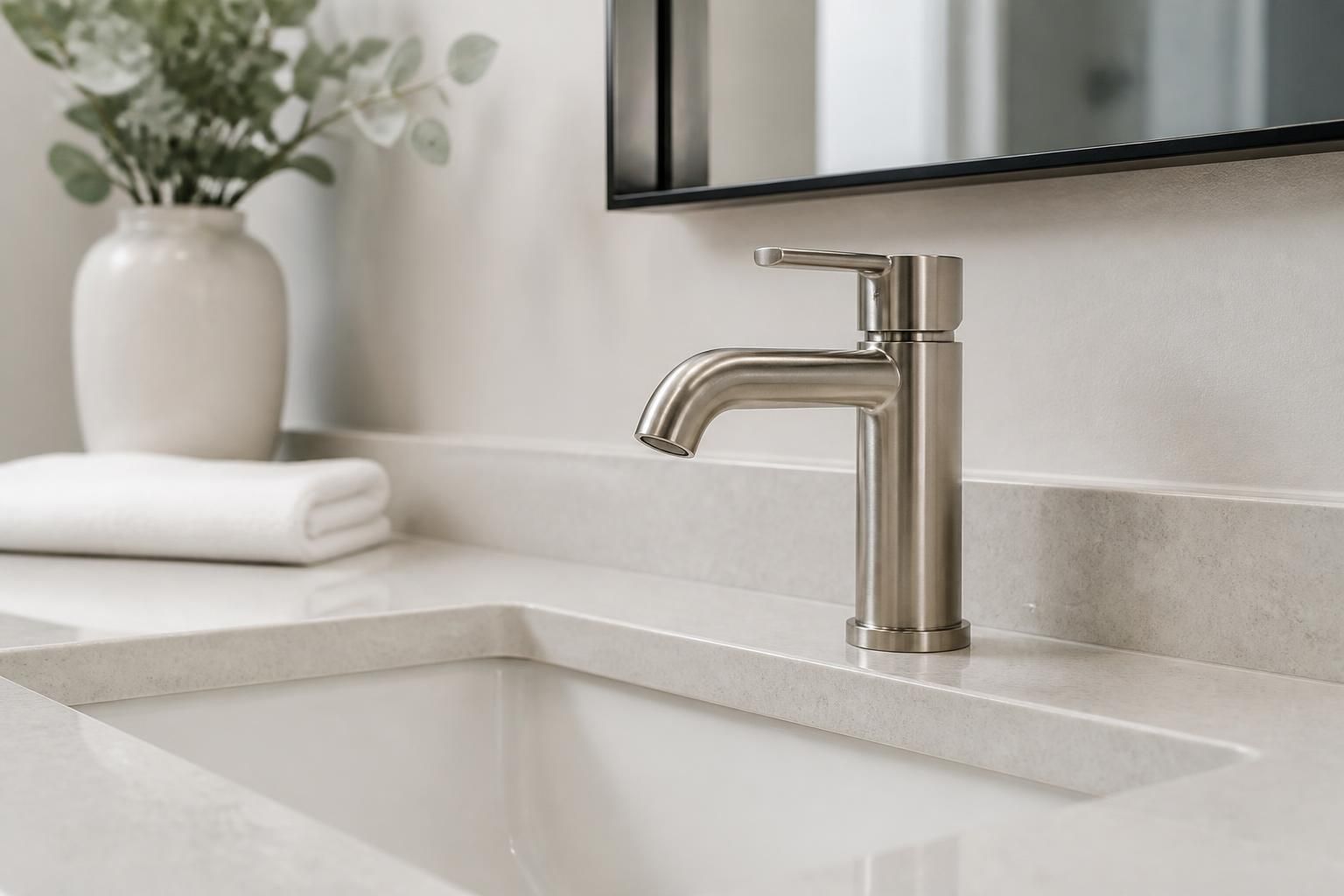 Newly installed modern faucet and sink in a clean bathroom