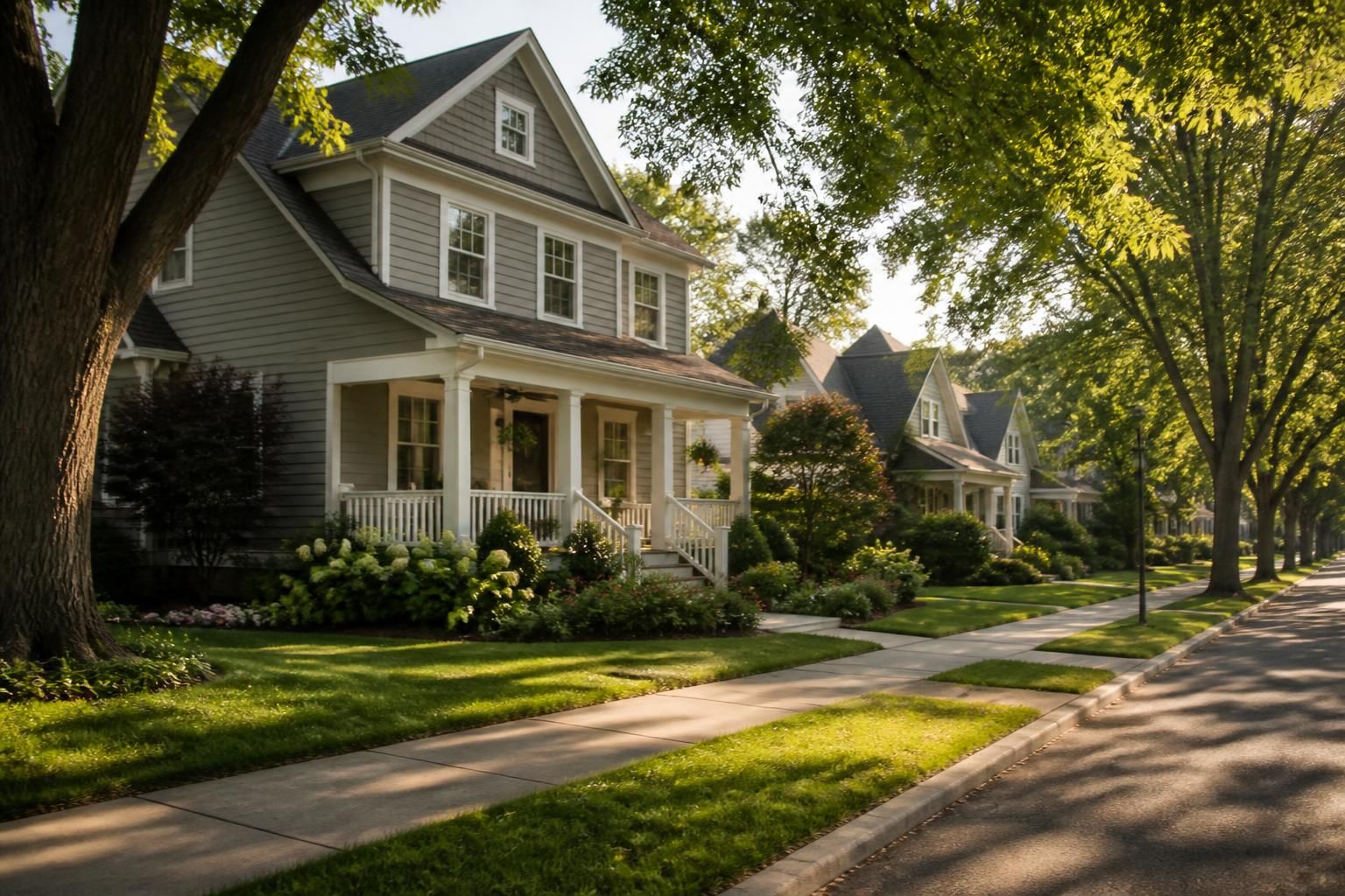 Well-kept suburban neighborhood with mature trees and homes