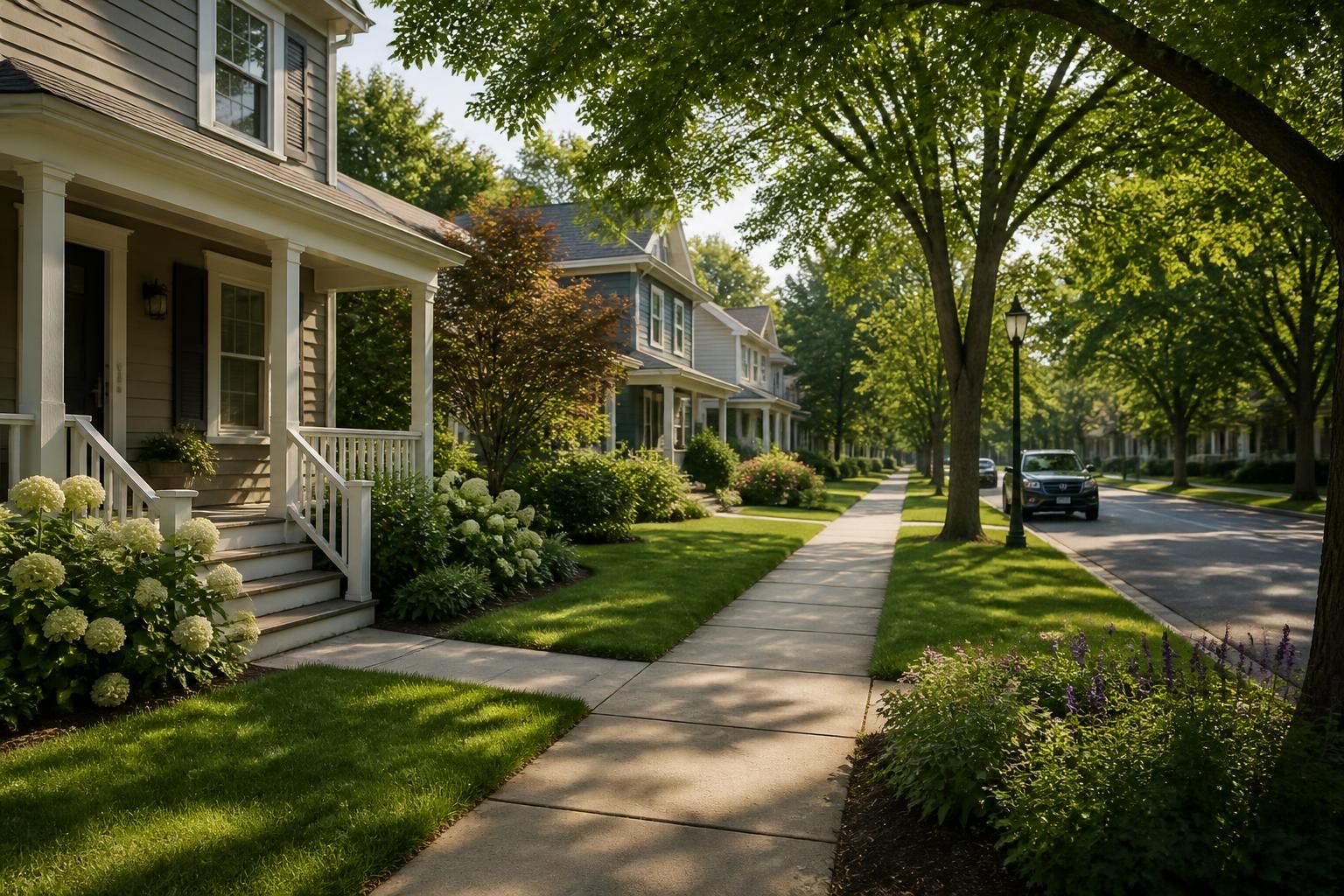 Tidy neighborhood street with homes and leafy greenery