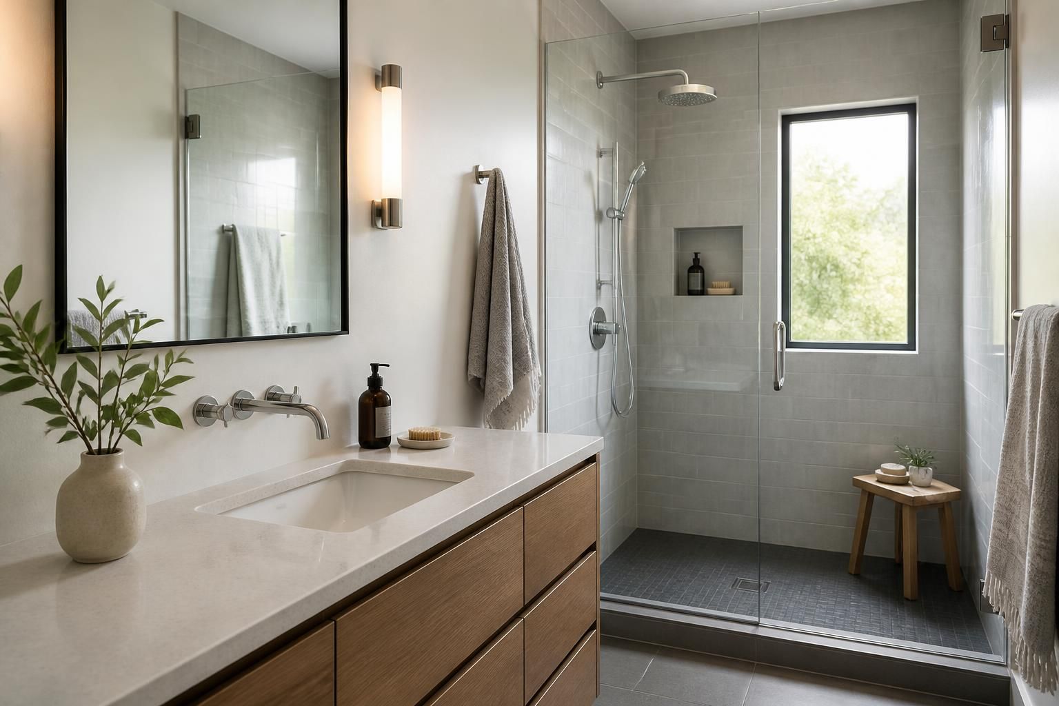 Finished modern bathroom with polished sink and chrome fixtures