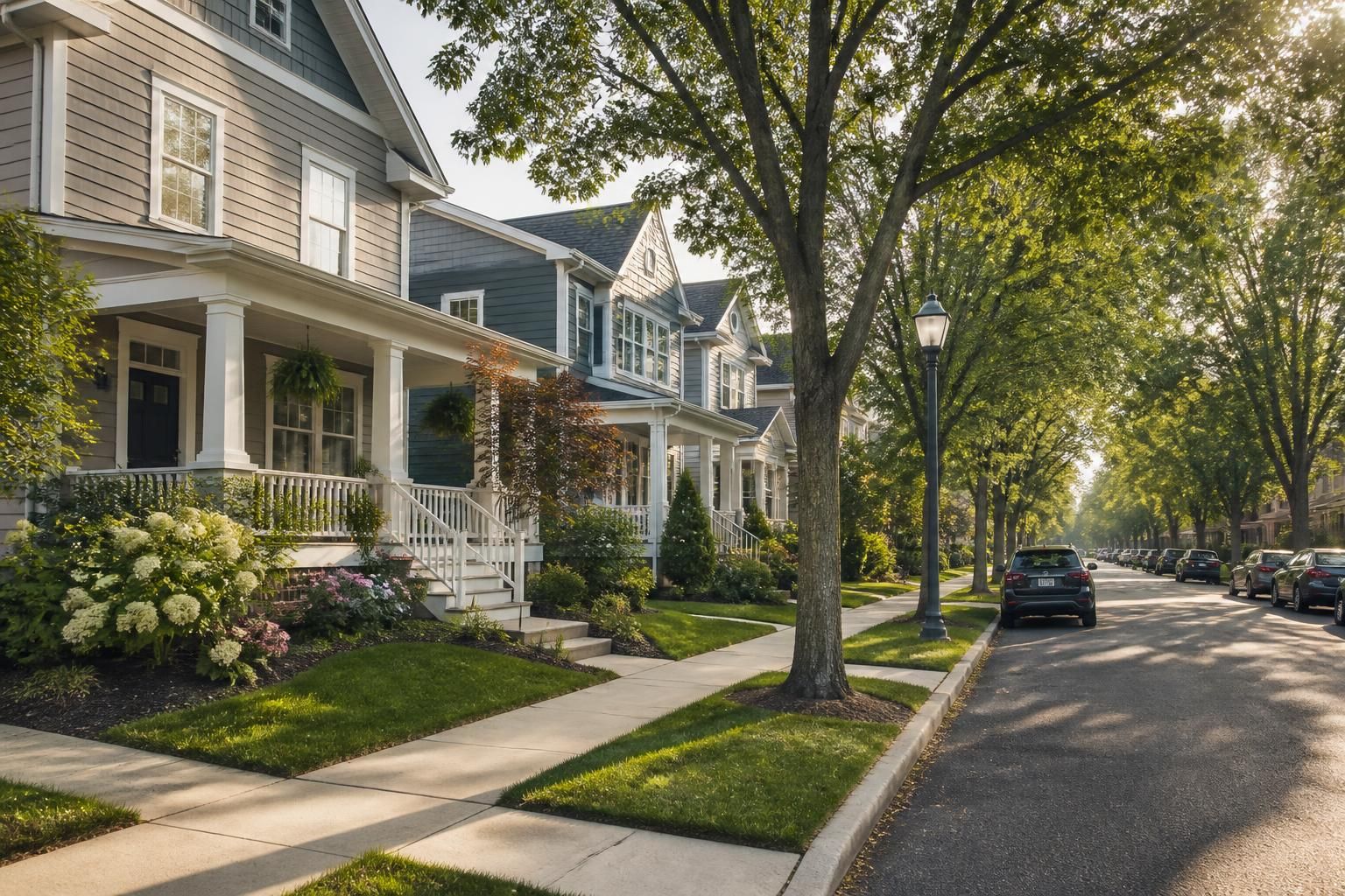 Well-kept urban neighborhood with clean streets and homes