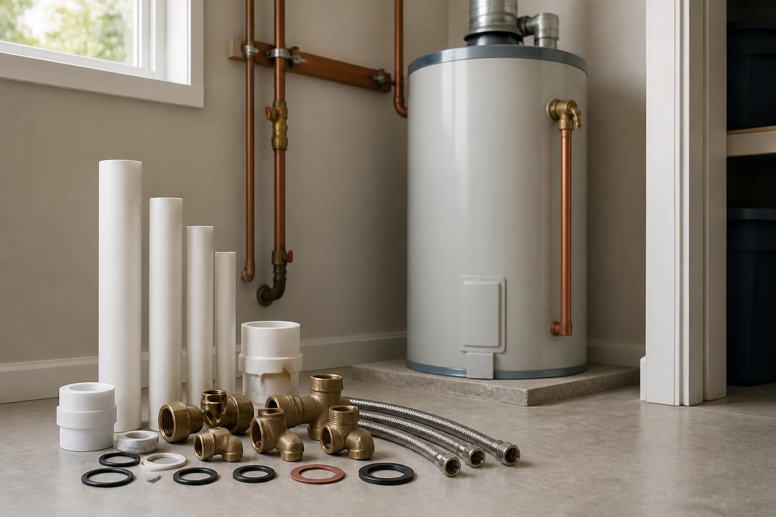 Neatly arranged plumbing materials beside a finished water heater