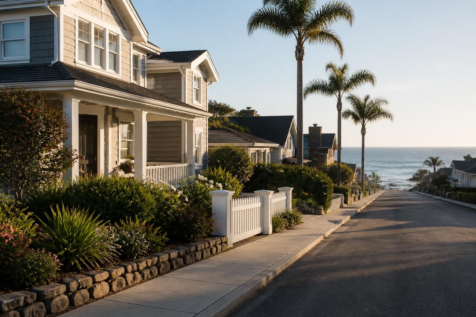 Tidy coastal neighborhood with homes and palm trees